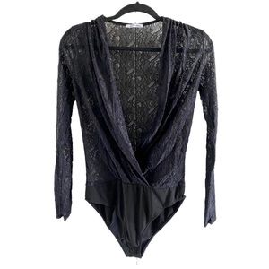 Zara Lace Bodysuit, Floral Design, Long sleeves, Deep V neck cut, Size M, Black
